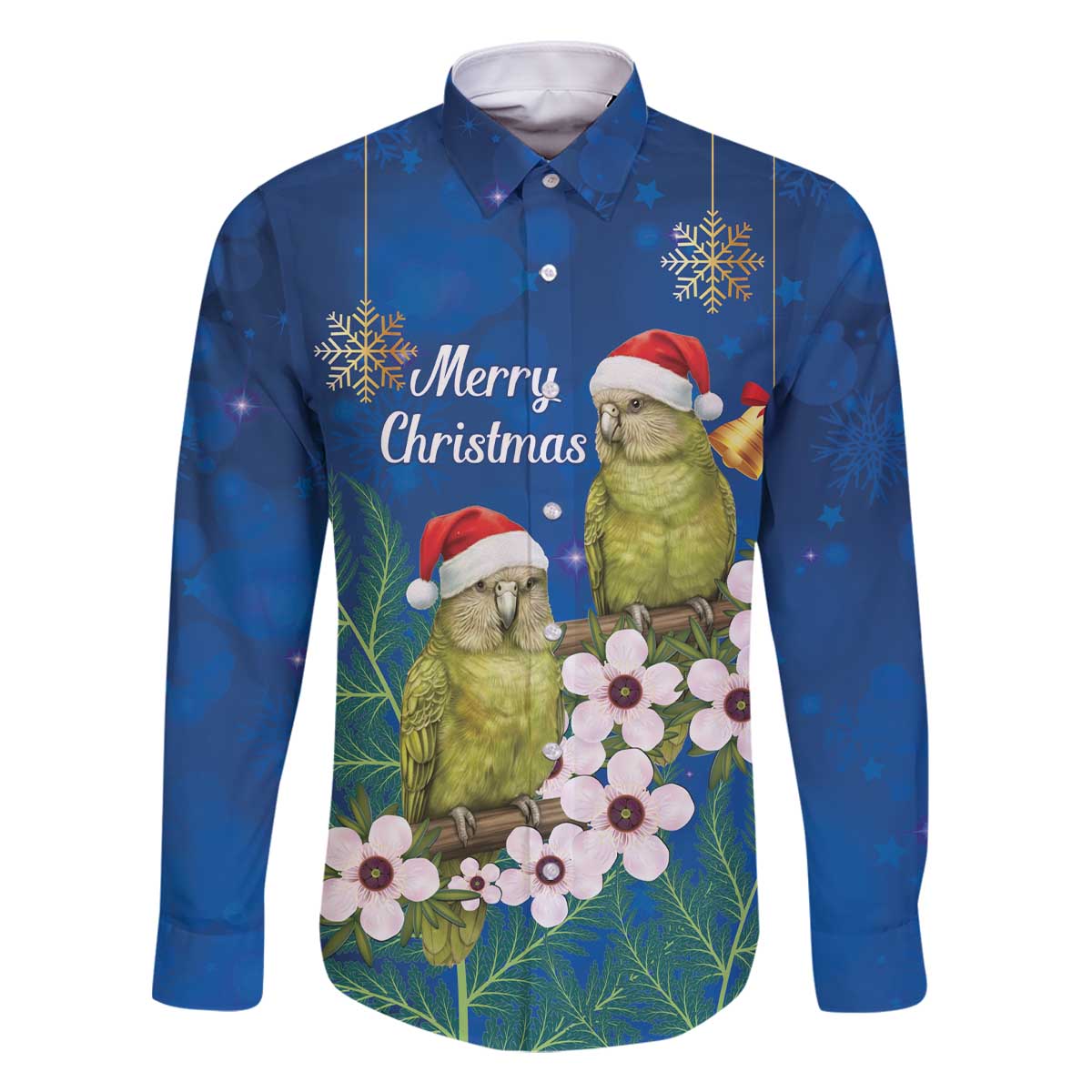 New Zealand Kakapo Christmas Family Matching Off The Shoulder Long Sleeve Dress and Hawaiian Shirt Owl Parrot Santa Sliver Fern Manuka - Blue - Polynesian Pride