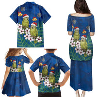 New Zealand Kakapo Christmas Family Matching Puletasi and Hawaiian Shirt Owl Parrot Santa Sliver Fern Manuka - Blue - Polynesian Pride