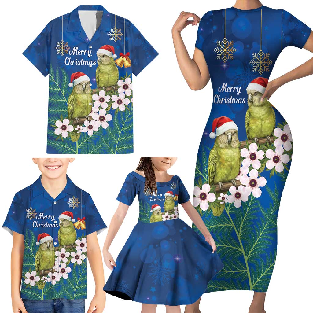 New Zealand Kakapo Christmas Family Matching Short Sleeve Bodycon Dress and Hawaiian Shirt Owl Parrot Santa Sliver Fern Manuka - Blue - Polynesian Pride