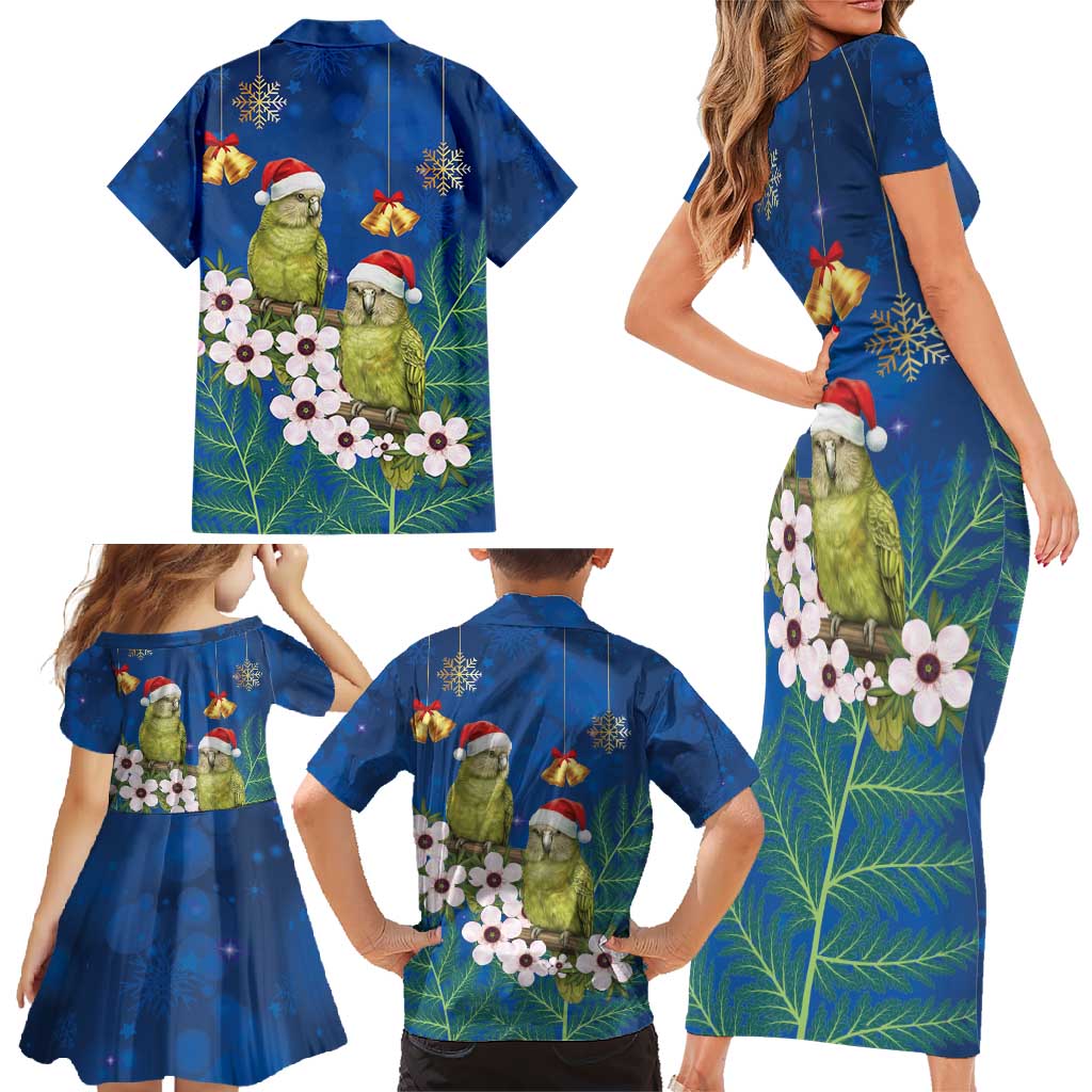 New Zealand Kakapo Christmas Family Matching Short Sleeve Bodycon Dress and Hawaiian Shirt Owl Parrot Santa Sliver Fern Manuka - Blue - Polynesian Pride