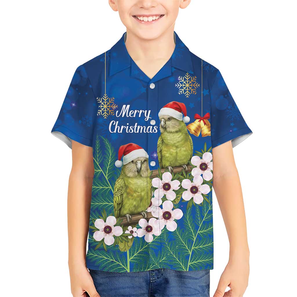 New Zealand Kakapo Christmas Kid Hawaiian Shirt Owl Parrot Santa Sliver Fern Manuka - Blue - Polynesian Pride
