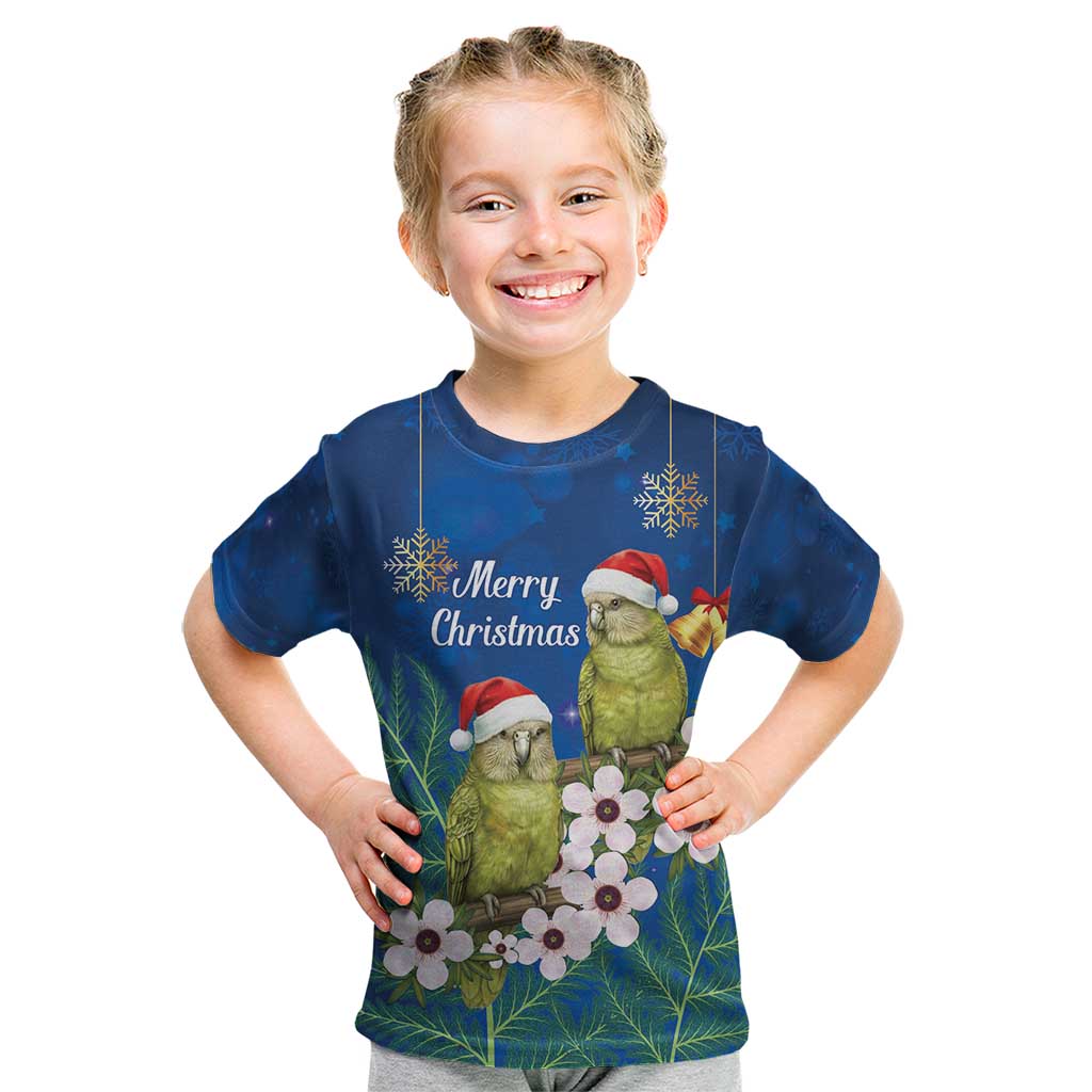 New Zealand Kakapo Christmas Kid T Shirt Owl Parrot Santa Sliver Fern Manuka - Blue - Polynesian Pride