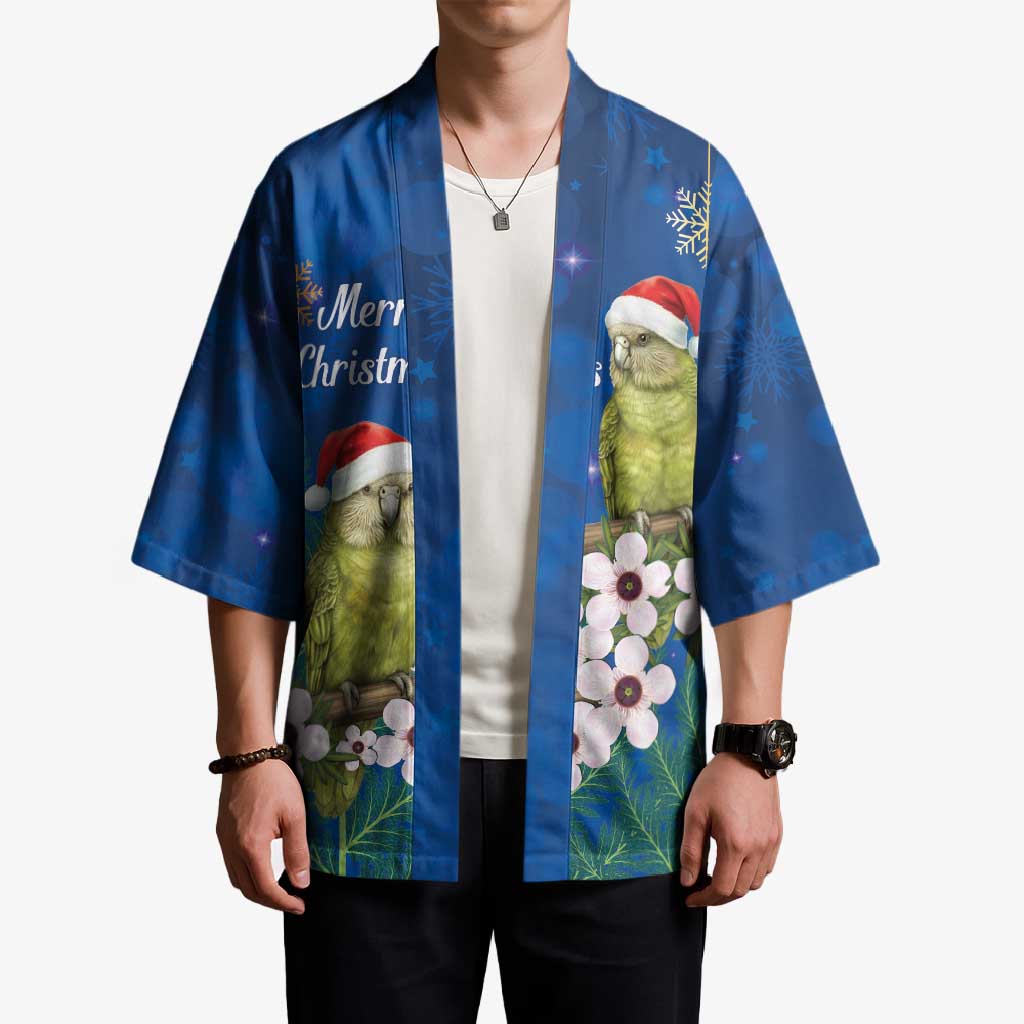 New Zealand Kakapo Christmas Kimono Owl Parrot Santa Sliver Fern Manuka - Blue - Polynesian Pride