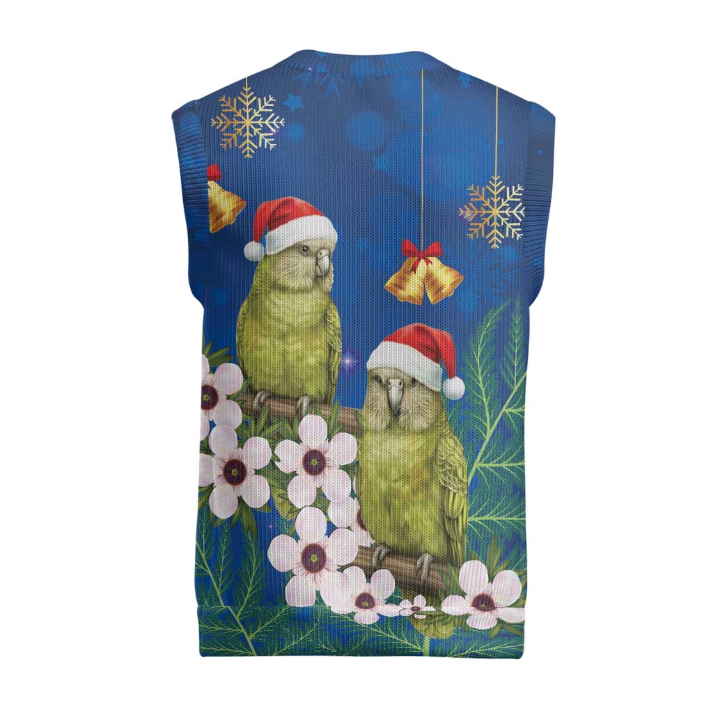 New Zealand Kakapo Christmas Knitted V-Neck Vest Owl Parrot Santa Sliver Fern Manuka - Blue - Polynesian Pride