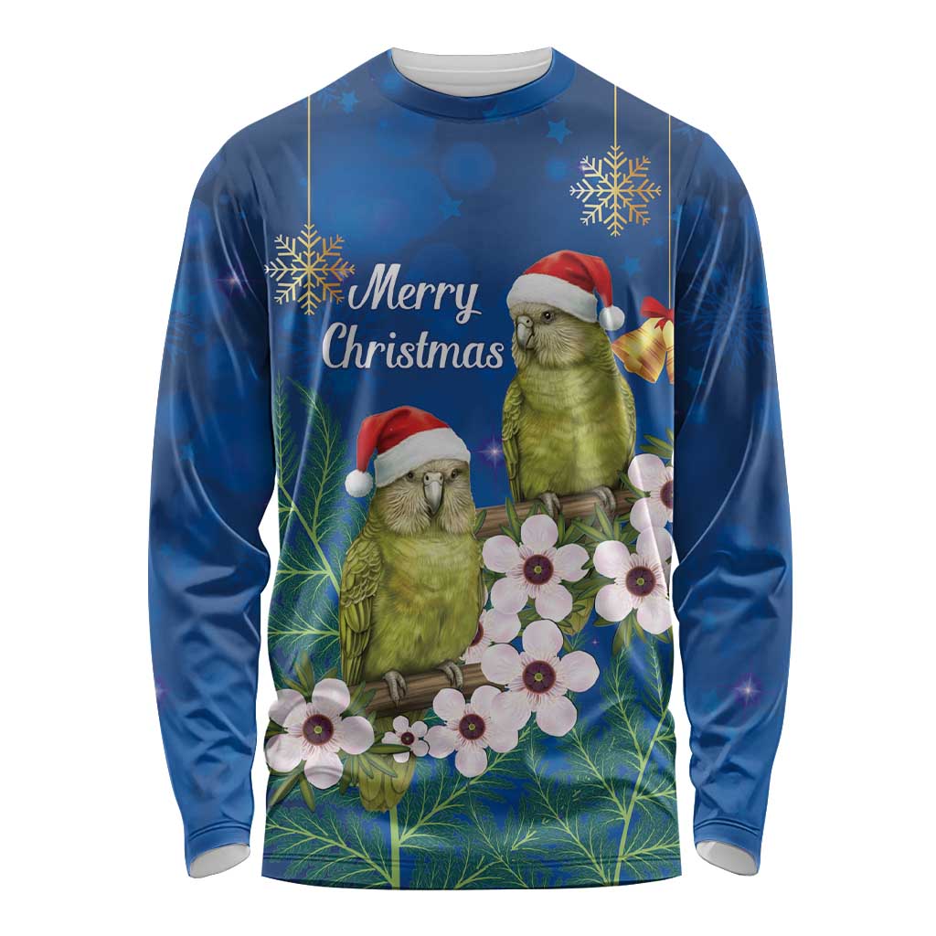 New Zealand Kakapo Christmas Long Sleeve Shirt Owl Parrot Santa Sliver Fern Manuka - Blue - Polynesian Pride