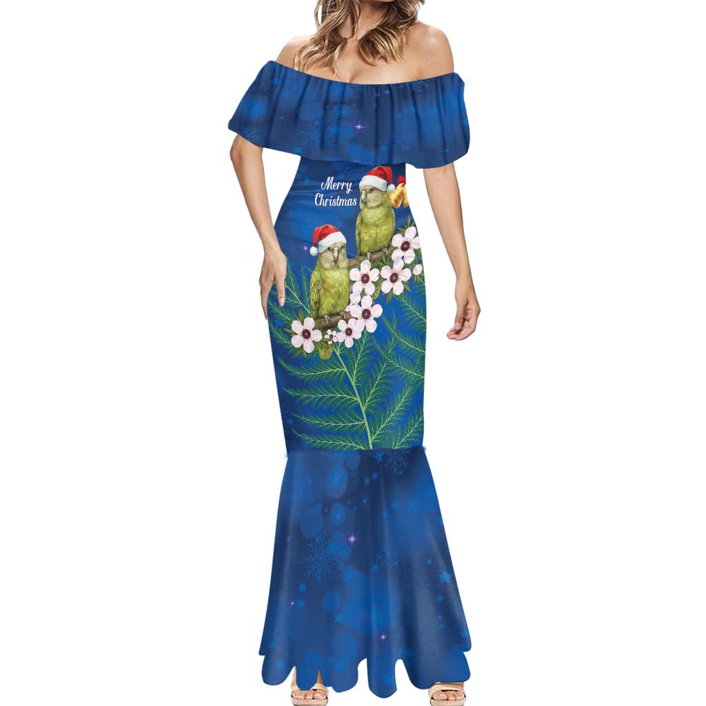 New Zealand Kakapo Christmas Mermaid Dress Owl Parrot Santa Sliver Fern Manuka - Blue - Polynesian Pride