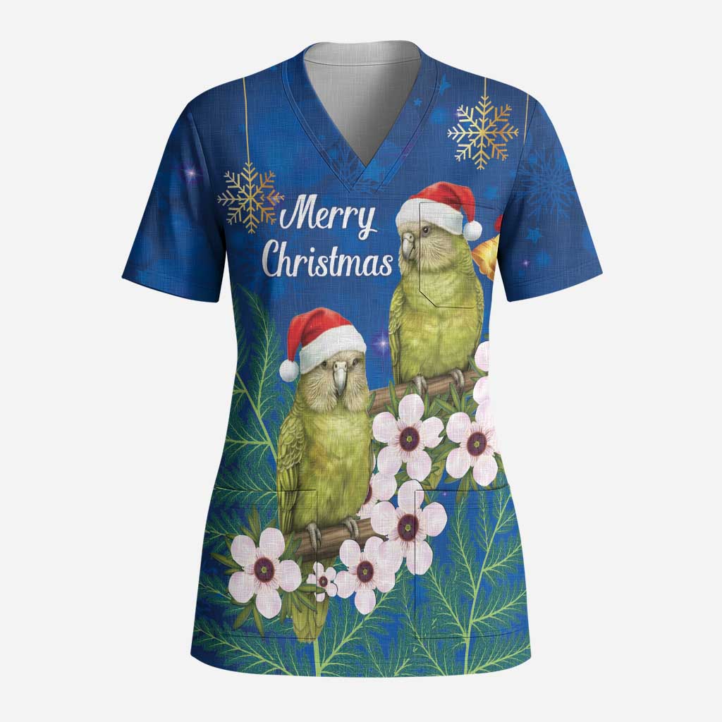 New Zealand Kakapo Christmas Scrub Top Owl Parrot Santa Sliver Fern Manuka - Blue - Polynesian Pride