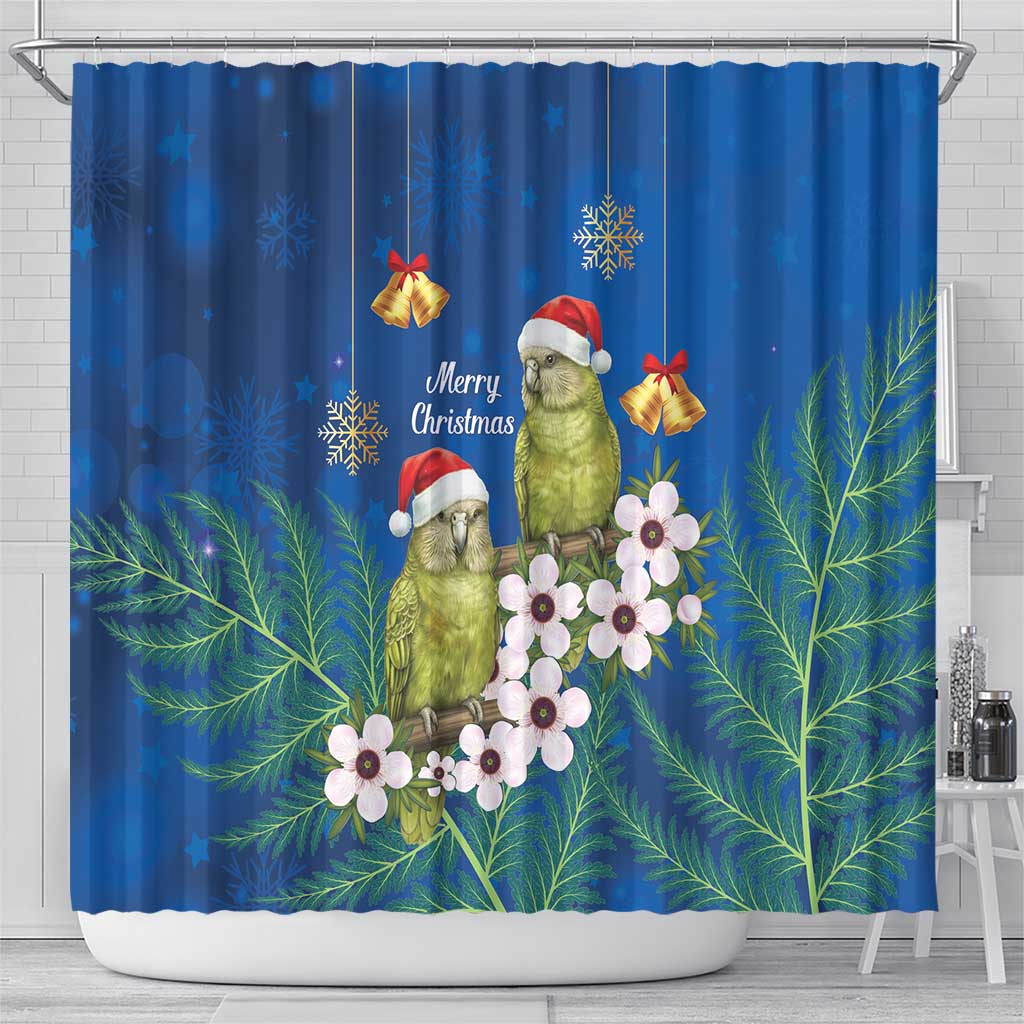 New Zealand Kakapo Christmas Shower Curtain Owl Parrot Santa Sliver Fern Manuka - Blue - Polynesian Pride