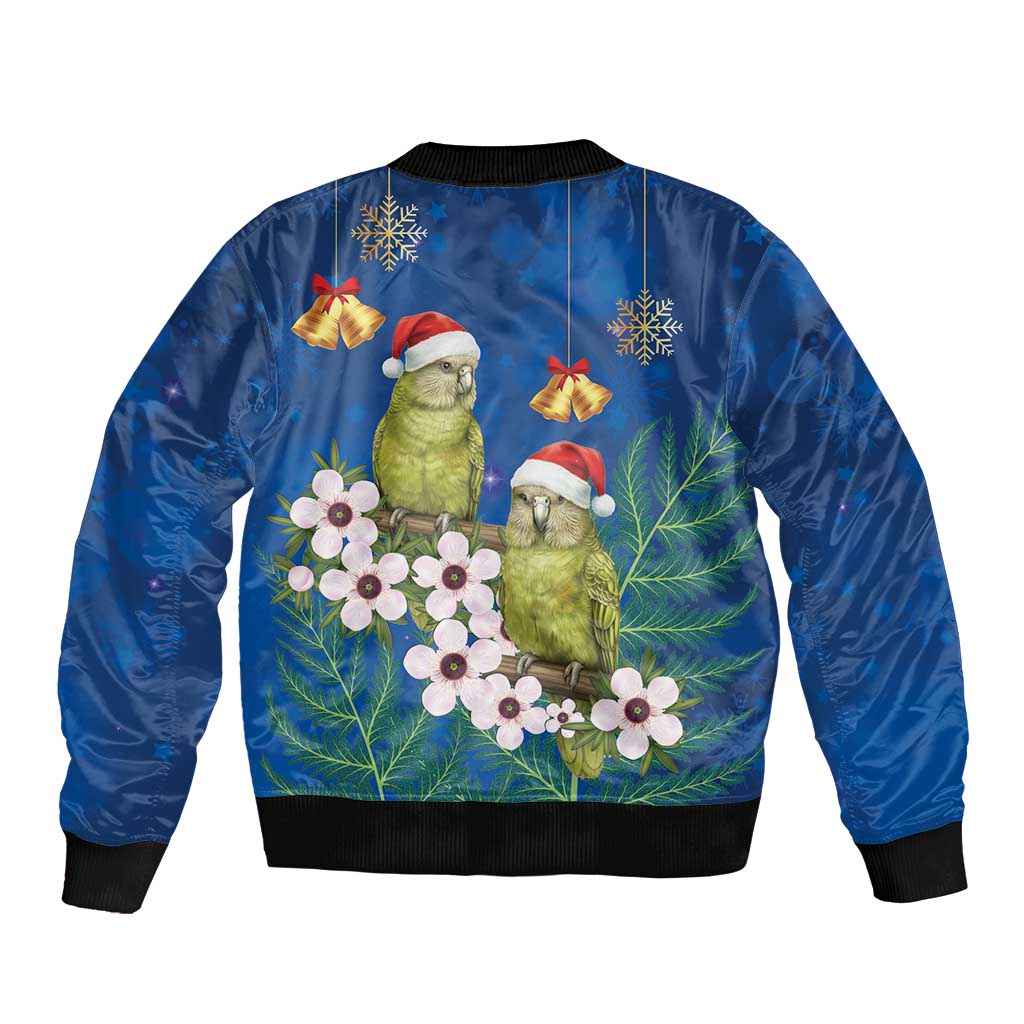 New Zealand Kakapo Christmas Sleeve Zip Bomber Jacket Owl Parrot Santa Sliver Fern Manuka - Blue - Polynesian Pride