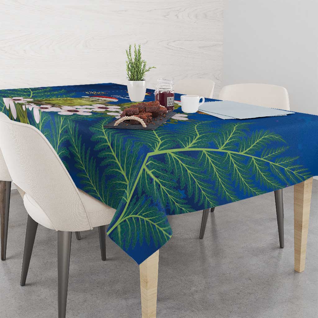 New Zealand Kakapo Christmas Tablecloth Owl Parrot Santa Sliver Fern Manuka - Blue - Polynesian Pride