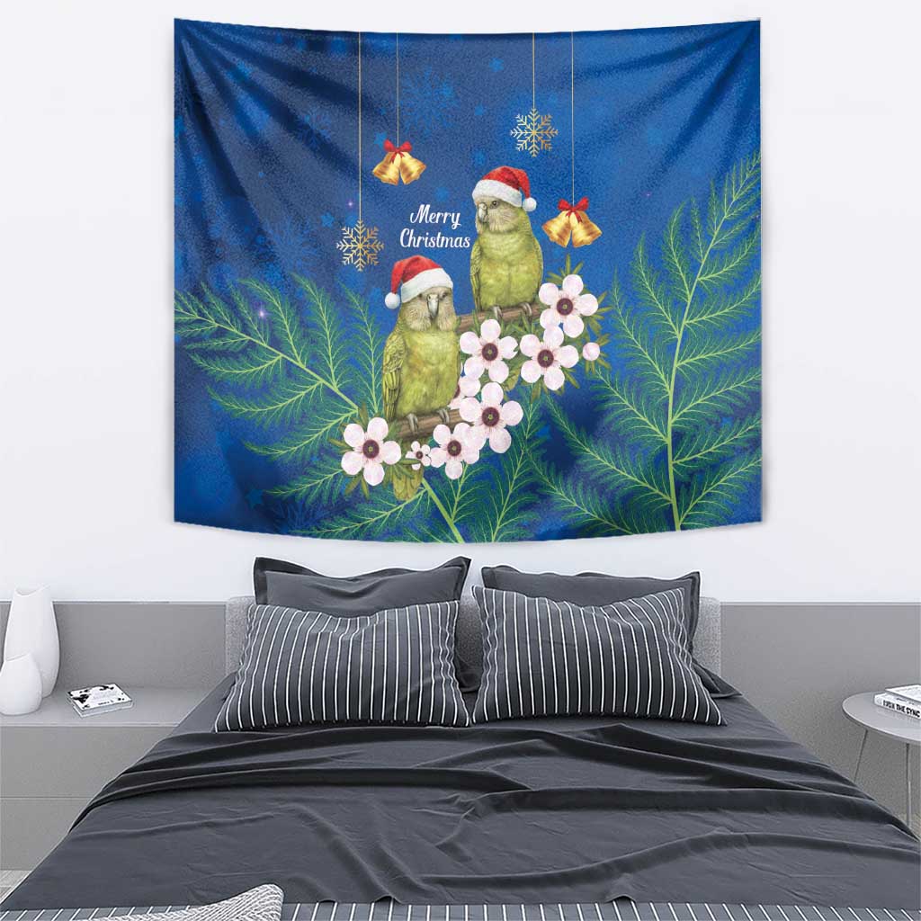 New Zealand Kakapo Christmas Tapestry Owl Parrot Santa Sliver Fern Manuka - Blue - Polynesian Pride