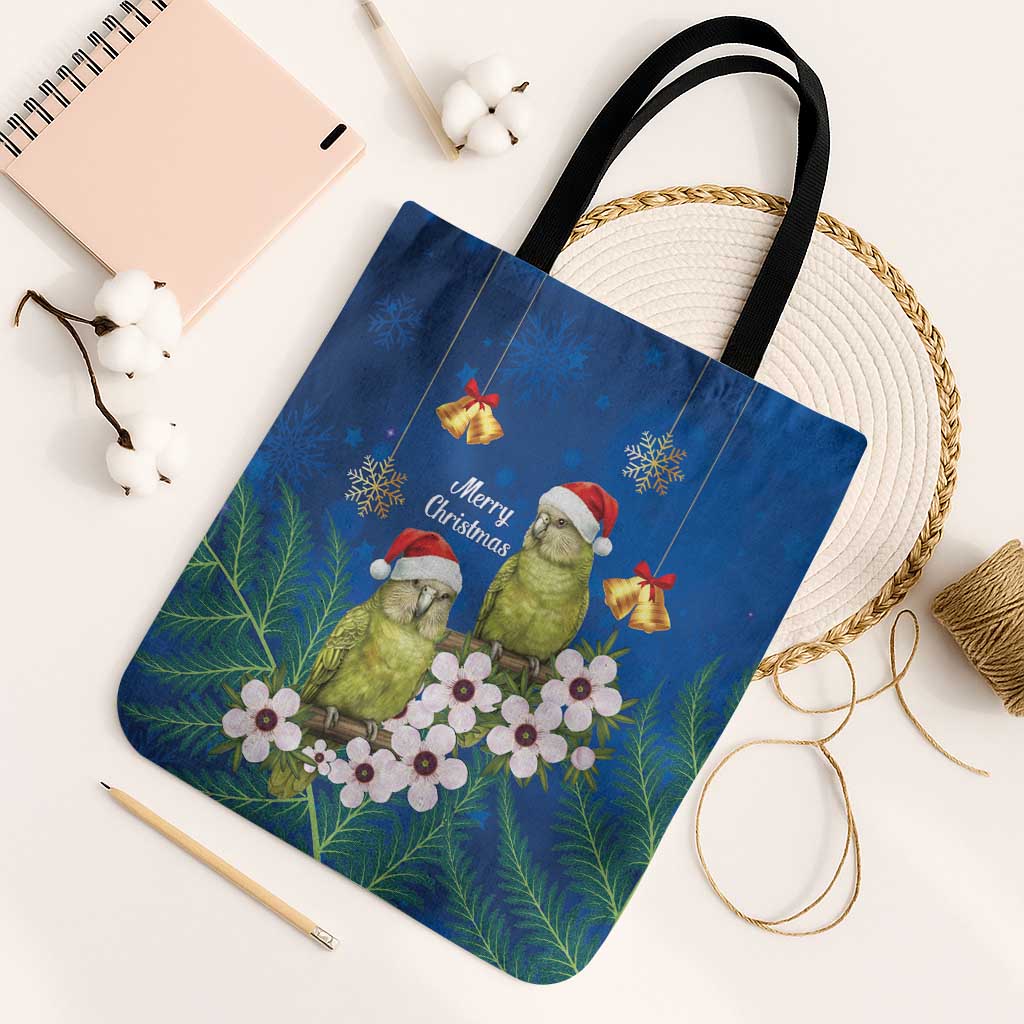 New Zealand Kakapo Christmas Tote Bag Owl Parrot Santa Sliver Fern Manuka - Blue - Polynesian Pride