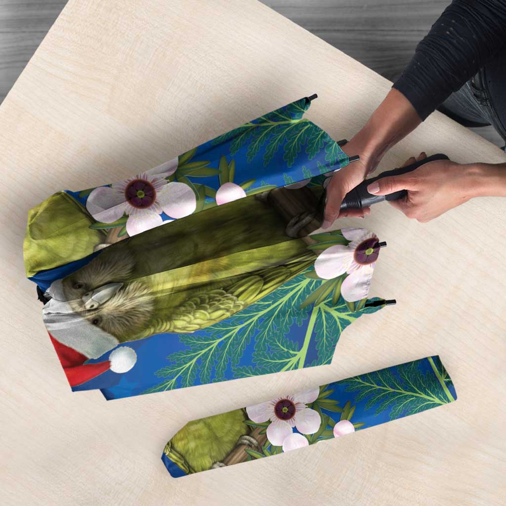 New Zealand Kakapo Christmas Umbrella Owl Parrot Santa Sliver Fern Manuka - Blue - Polynesian Pride