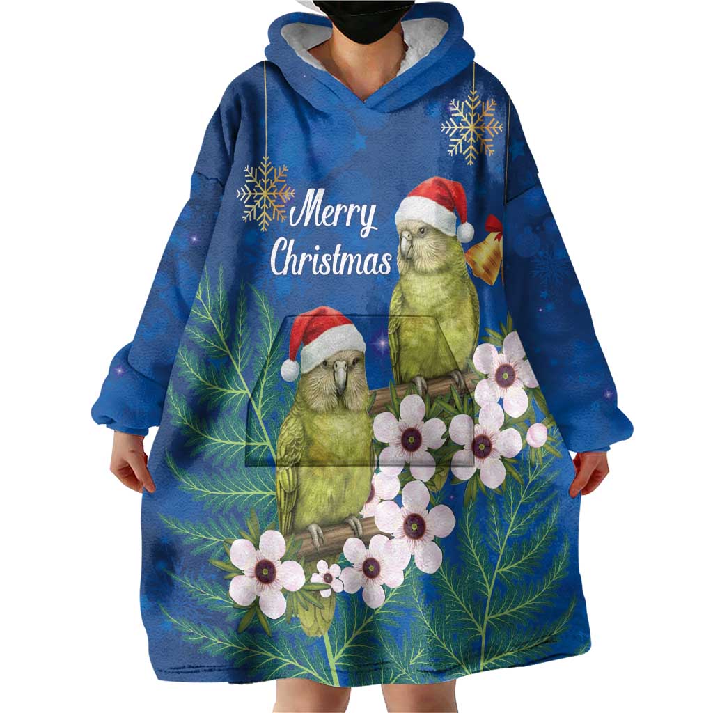 New Zealand Kakapo Christmas Wearable Blanket Hoodie Owl Parrot Santa Sliver Fern Manuka - Blue - Polynesian Pride