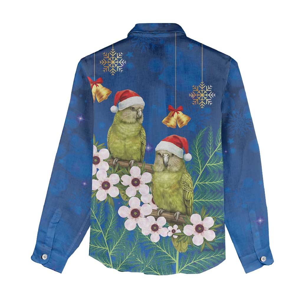 New Zealand Kakapo Christmas Women Casual Shirt Owl Parrot Santa Sliver Fern Manuka - Blue - Polynesian Pride