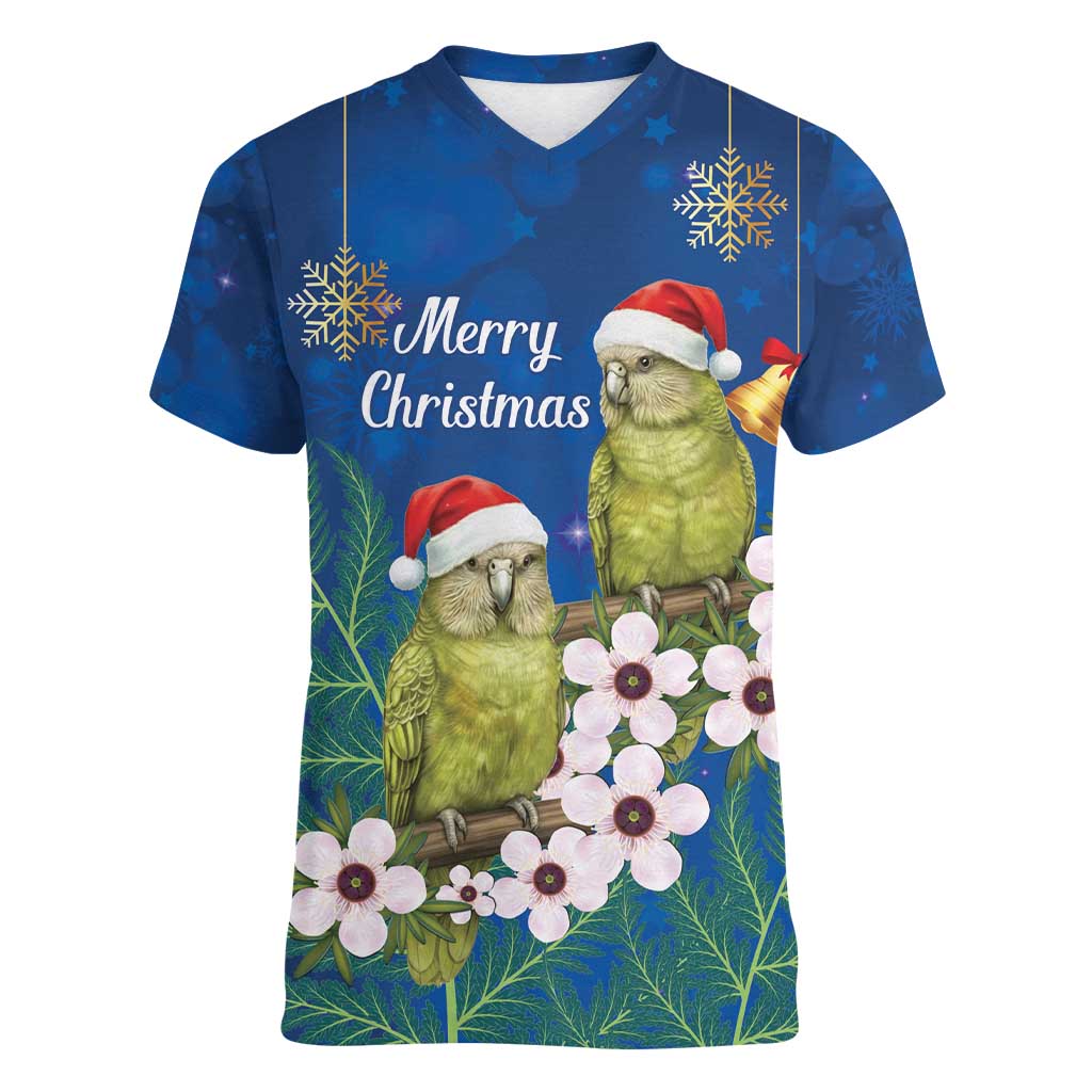 New Zealand Kakapo Christmas Women V-Neck T-Shirt Owl Parrot Santa Sliver Fern Manuka - Blue - Polynesian Pride