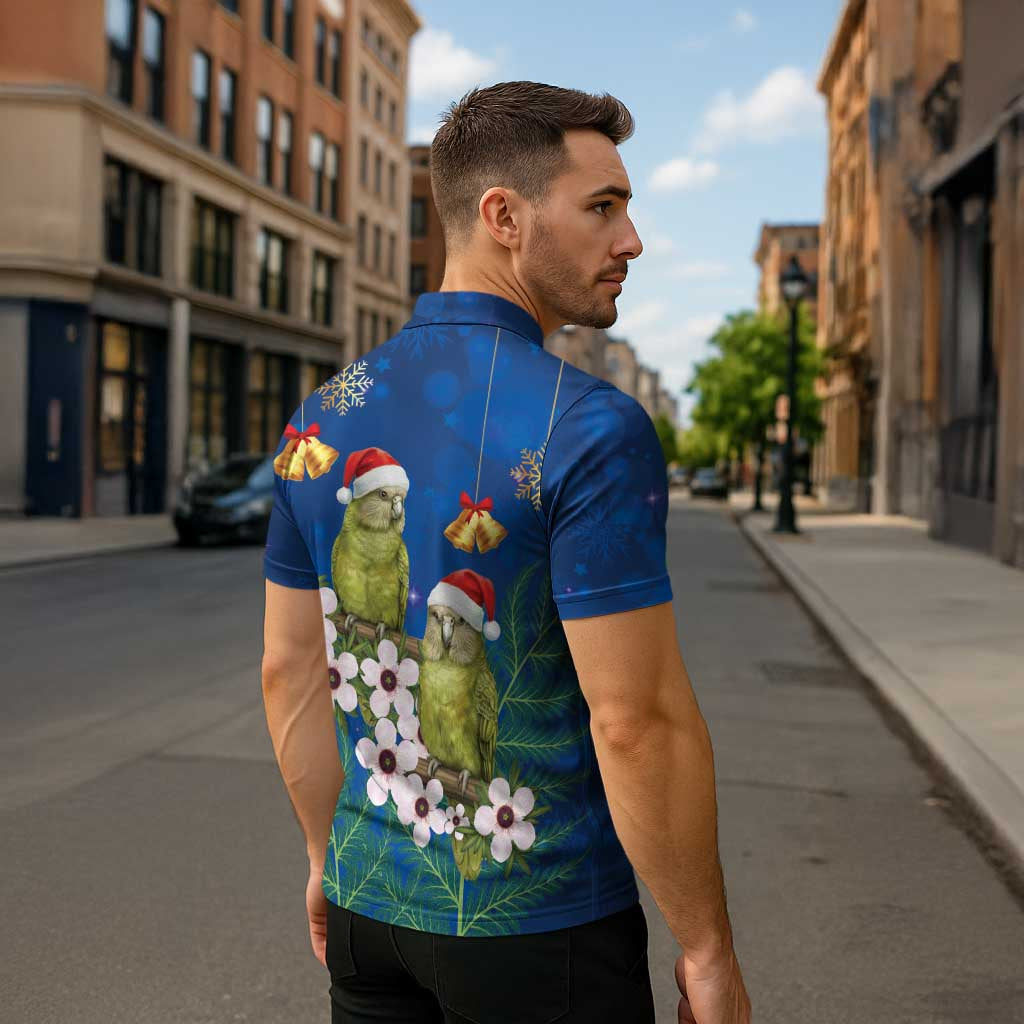 New Zealand Kakapo Christmas Zipper Polo Shirt Owl Parrot Santa Sliver Fern Manuka - Blue - Polynesian Pride