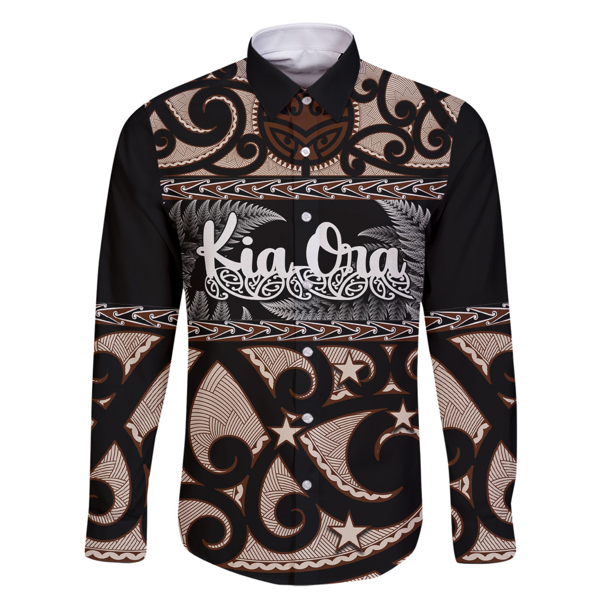 Kia Ora New Zealand Family Matching Tank Maxi Dress and Hawaiian Shirt Aotearoa Proud Maori With Silver Fern LT14 Dad's Shirt - Long Sleeve Black - Polynesian Pride