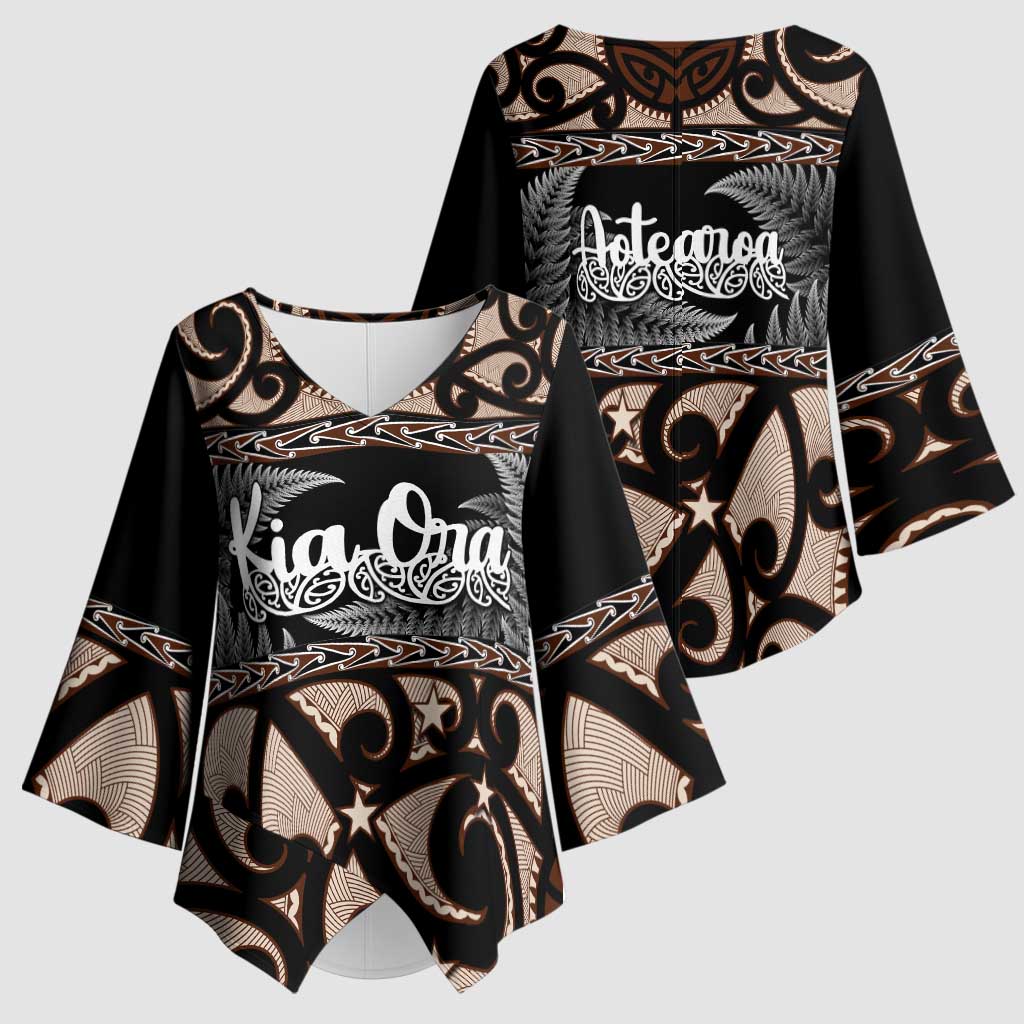 Kia Ora New Zealand Kimono Sleeve Blouse Aotearoa Proud Maori Silver Fern - Polynesian Pride