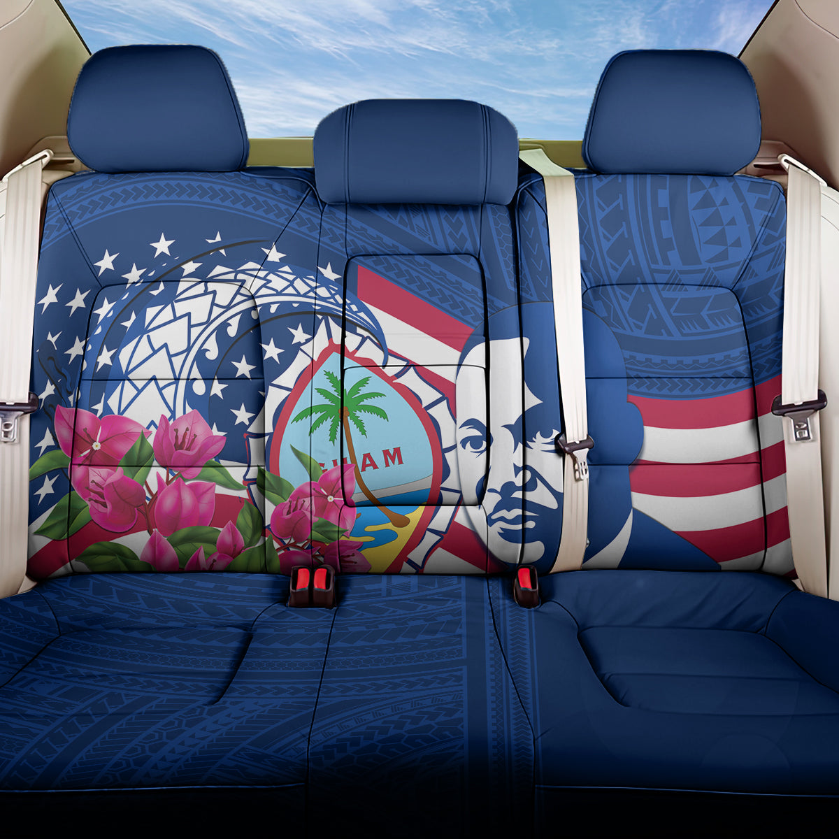 Guam Martin Luther King Jr Day Back Car Seat Cover I Have A Dream Guahan Seal With Bougainvillea LT14 One Size Blue - Polynesian Pride