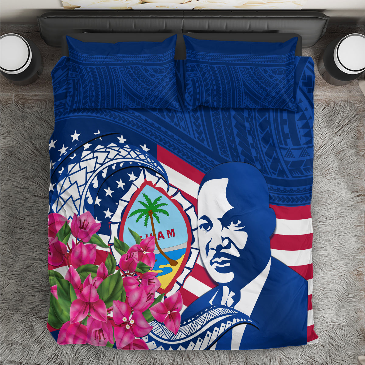 Guam Martin Luther King Jr Day Bedding Set I Have A Dream Guahan Seal With Bougainvillea LT14 Blue - Polynesian Pride