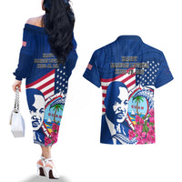 Guam Martin Luther King Jr Day Couples Matching Off The Shoulder Long Sleeve Dress and Hawaiian Shirt I Have A Dream Guahan Seal With Bougainvillea LT14 - Polynesian Pride