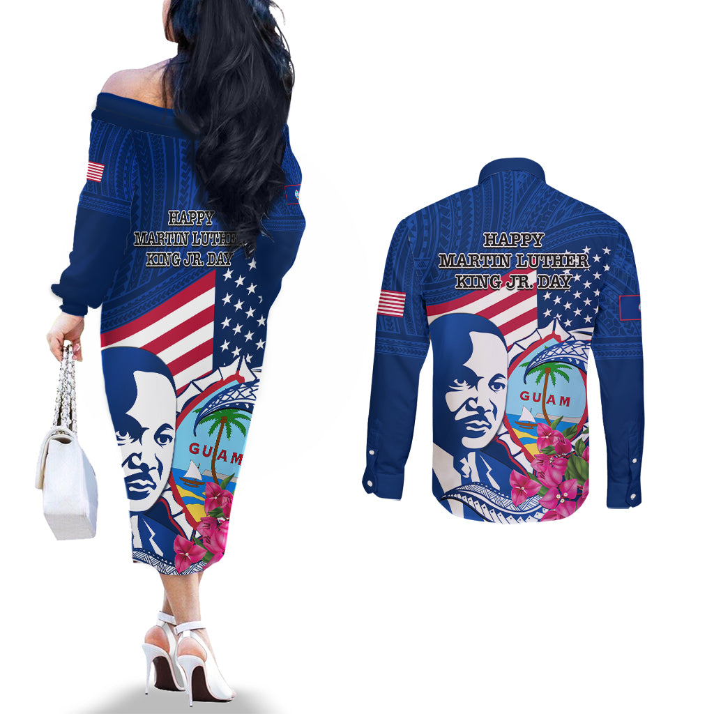 Guam Martin Luther King Jr Day Couples Matching Off The Shoulder Long Sleeve Dress and Long Sleeve Button Shirt I Have A Dream Guahan Seal With Bougainvillea LT14 - Polynesian Pride