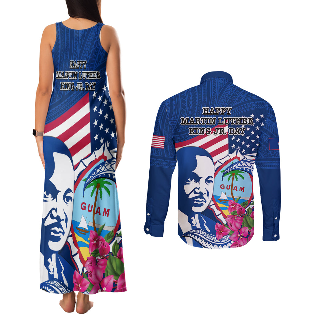 Guam Martin Luther King Jr Day Couples Matching Tank Maxi Dress and Long Sleeve Button Shirt I Have A Dream Guahan Seal With Bougainvillea LT14 - Polynesian Pride