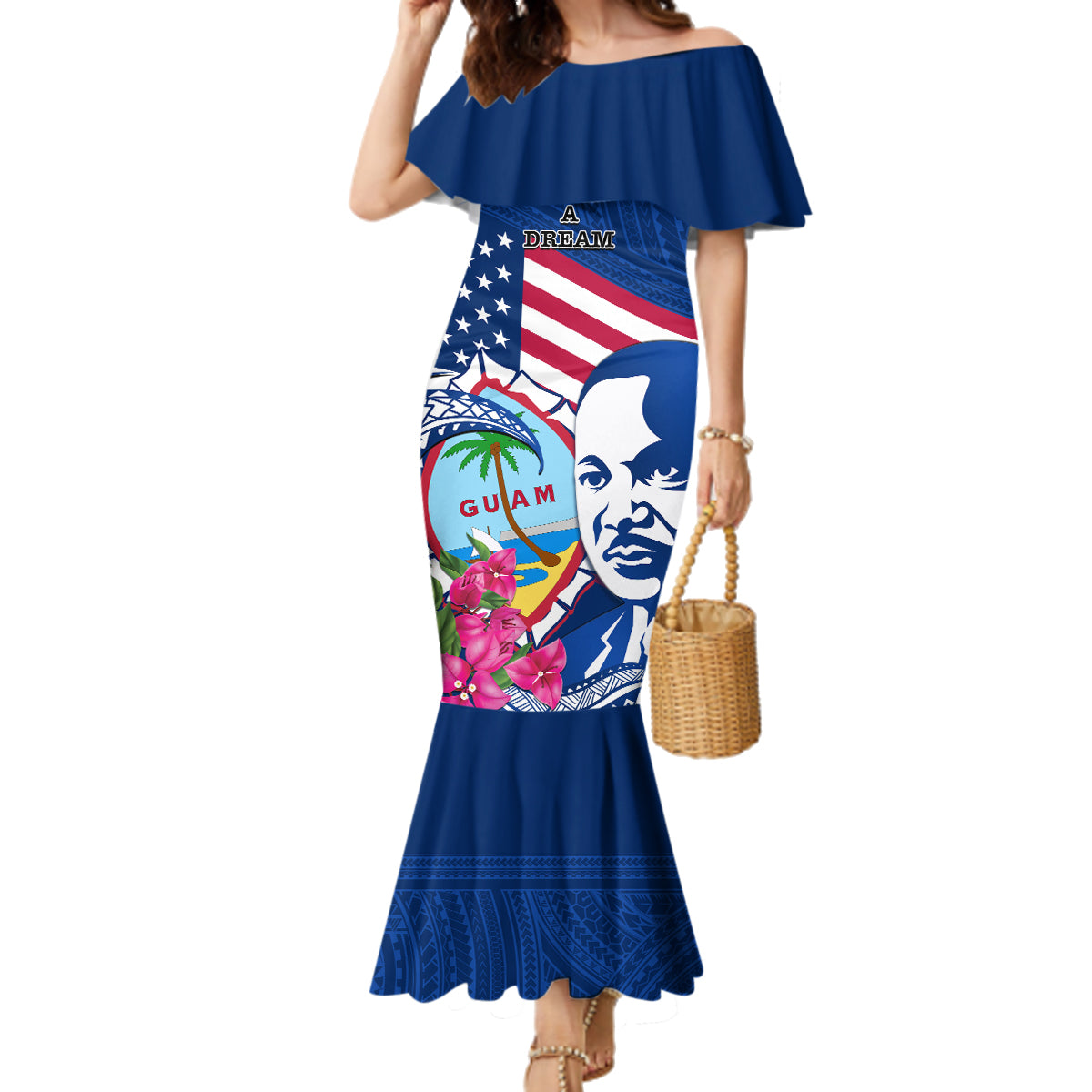 Guam Martin Luther King Jr Day Family Matching Mermaid Dress and Hawaiian Shirt I Have A Dream Guahan Seal With Bougainvillea LT14 Mom's Dress Blue - Polynesian Pride