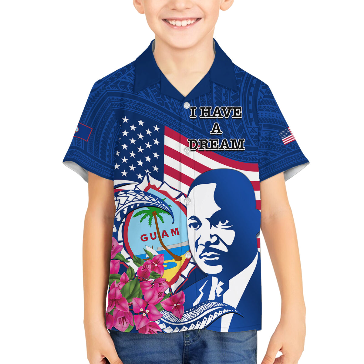 Guam Martin Luther King Jr Day Family Matching Off Shoulder Maxi Dress and Hawaiian Shirt I Have A Dream Guahan Seal With Bougainvillea LT14 Son's Shirt Blue - Polynesian Pride