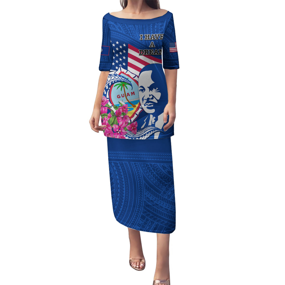 Guam Martin Luther King Jr Day Family Matching Puletasi Dress and Hawaiian Shirt I Have A Dream Guahan Seal With Bougainvillea LT14 Mom's Dress Blue - Polynesian Pride