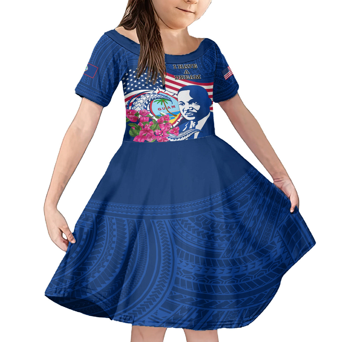 Guam Martin Luther King Jr Day Kid Short Sleeve Dress I Have A Dream Guahan Seal With Bougainvillea LT14 KID Blue - Polynesian Pride