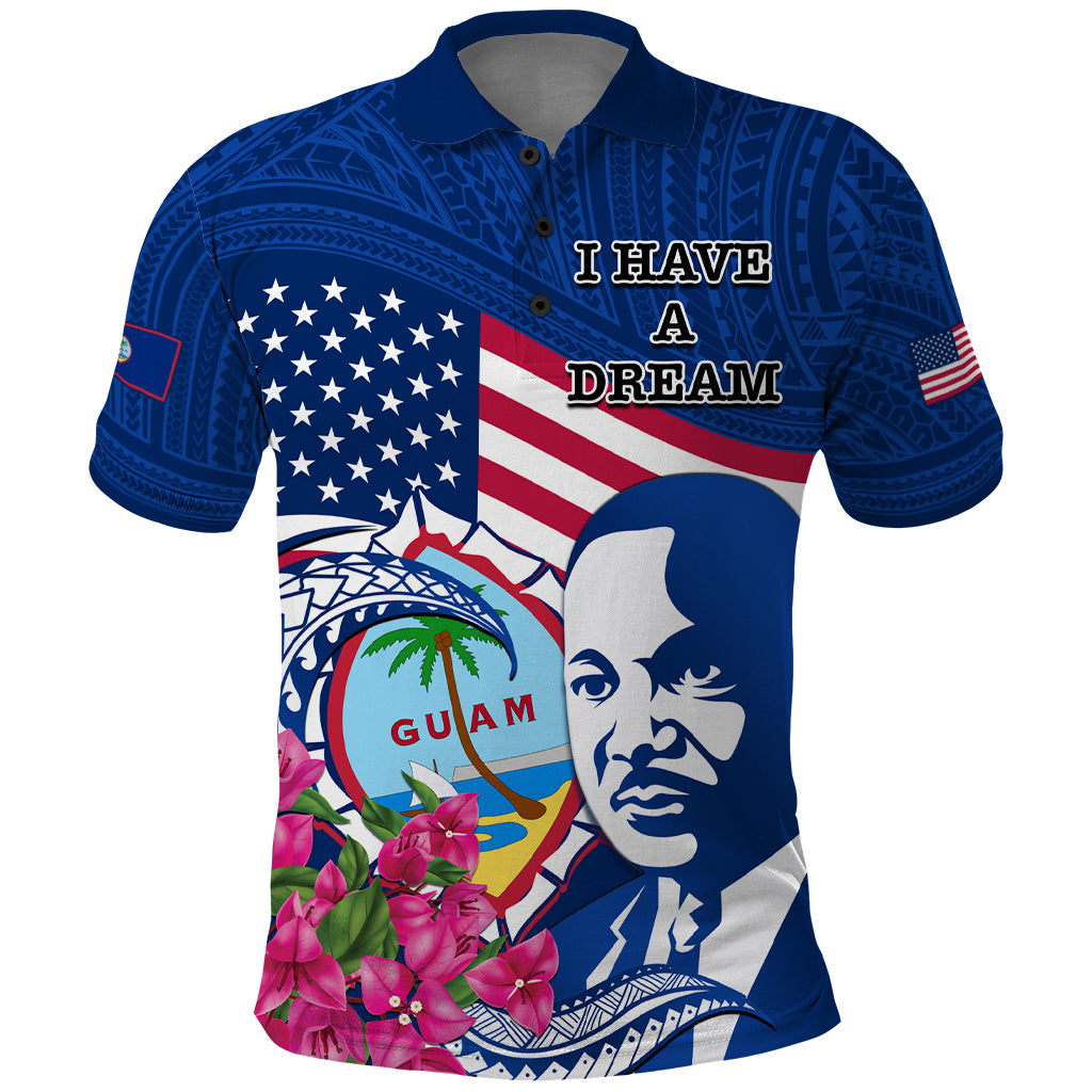 Guam Martin Luther King Jr Day Polo Shirt I Have A Dream Guahan Seal With Bougainvillea LT14 Blue - Polynesian Pride