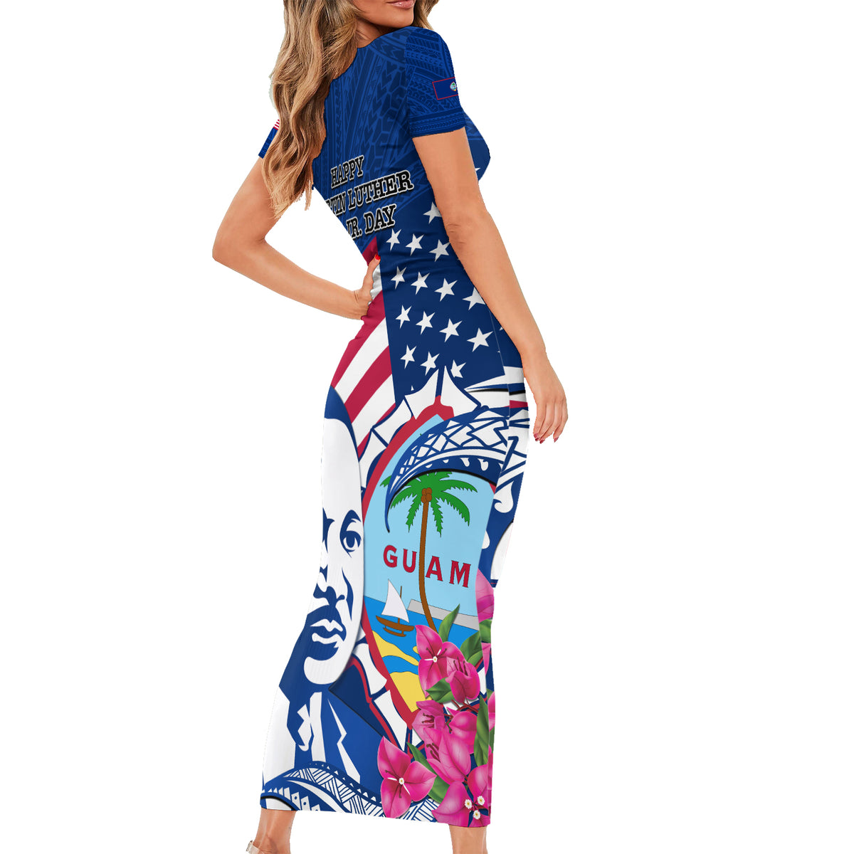 Guam Martin Luther King Jr Day Short Sleeve Bodycon Dress I Have A Dream Guahan Seal With Bougainvillea LT14 - Polynesian Pride