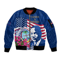 Guam Martin Luther King Jr Day Sleeve Zip Bomber Jacket I Have A Dream Guahan Seal With Bougainvillea LT14 Unisex Blue - Polynesian Pride