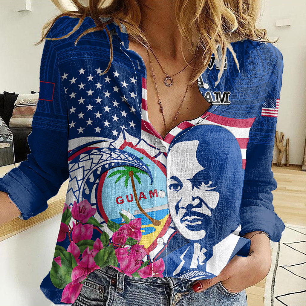 Guam Martin Luther King Jr Day Women Casual Shirt I Have A Dream Guahan Seal With Bougainvillea LT14 Female Blue - Polynesian Pride