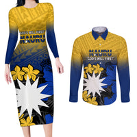 Nauru Independence Day Couples Matching Long Sleeve Bodycon Dress and Long Sleeve Button Shirt Repubrikin Naoero Polynesian Pattern LT14 Blue - Polynesian Pride