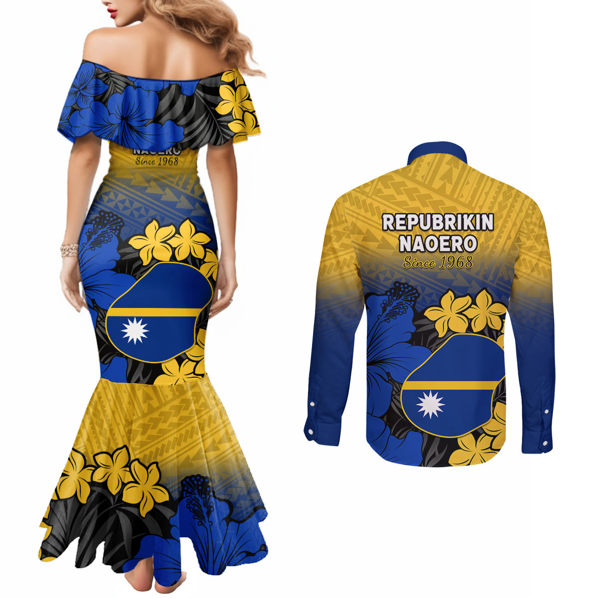 Nauru Independence Day Couples Matching Mermaid Dress and Long Sleeve Button Shirt Repubrikin Naoero Polynesian Pattern LT14 - Polynesian Pride