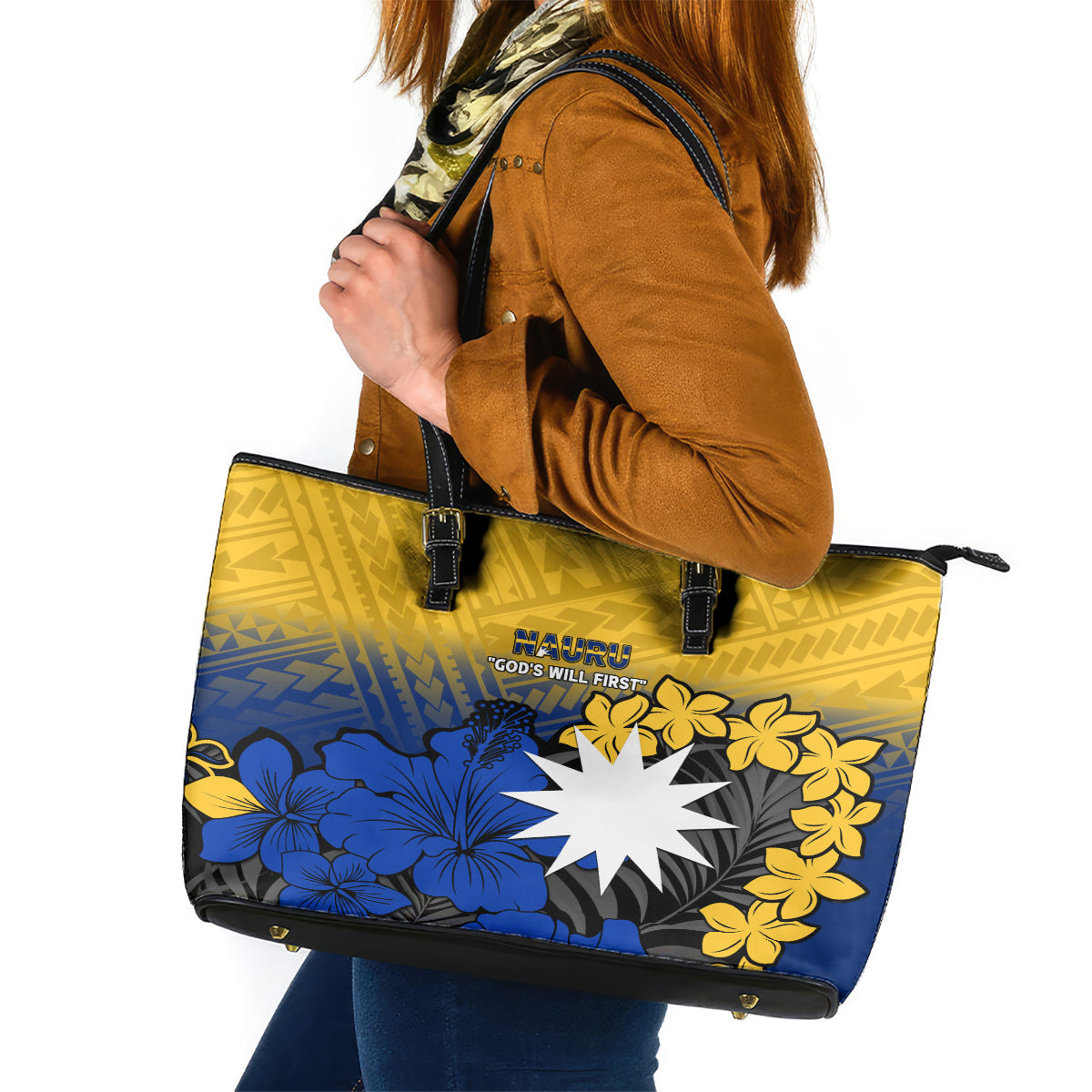 Nauru Independence Day Leather Tote Bag Repubrikin Naoero Polynesian Pattern LT14 Blue - Polynesian Pride