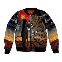 New Zealand ANZAC Day Bomber Jacket Lest We Forget Silver Fern With Camouflage LT14 Unisex Black - Polynesian Pride