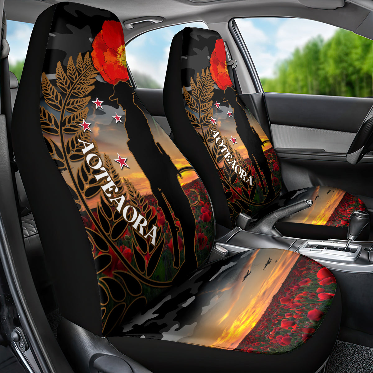 New Zealand ANZAC Day Car Seat Cover Lest We Forget Silver Fern With Camouflage LT14 - Polynesian Pride