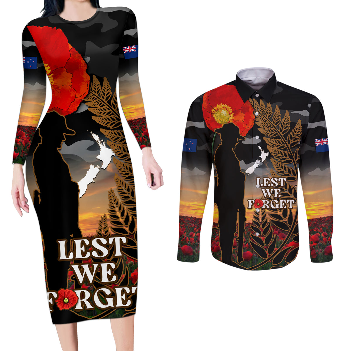 New Zealand ANZAC Day Couples Matching Long Sleeve Bodycon Dress and Long Sleeve Button Shirt Lest We Forget Silver Fern With Camouflage LT14 Black - Polynesian Pride