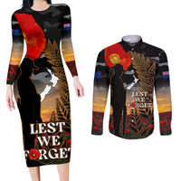 New Zealand ANZAC Day Couples Matching Long Sleeve Bodycon Dress and Long Sleeve Button Shirt Lest We Forget Silver Fern With Camouflage LT14 Black - Polynesian Pride