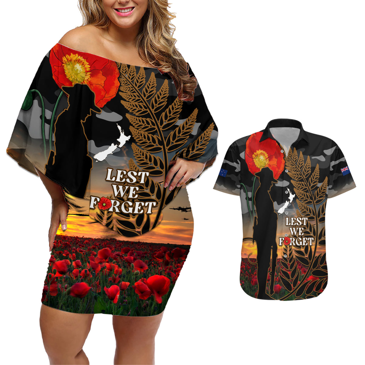 New Zealand ANZAC Day Couples Matching Off Shoulder Short Dress and Hawaiian Shirt Lest We Forget Silver Fern With Camouflage LT14 Black - Polynesian Pride