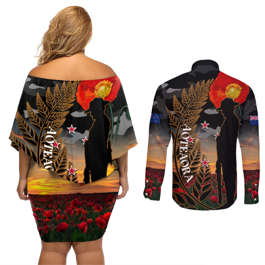 New Zealand ANZAC Day Couples Matching Off Shoulder Short Dress and Long Sleeve Button Shirt Lest We Forget Silver Fern With Camouflage LT14 - Polynesian Pride