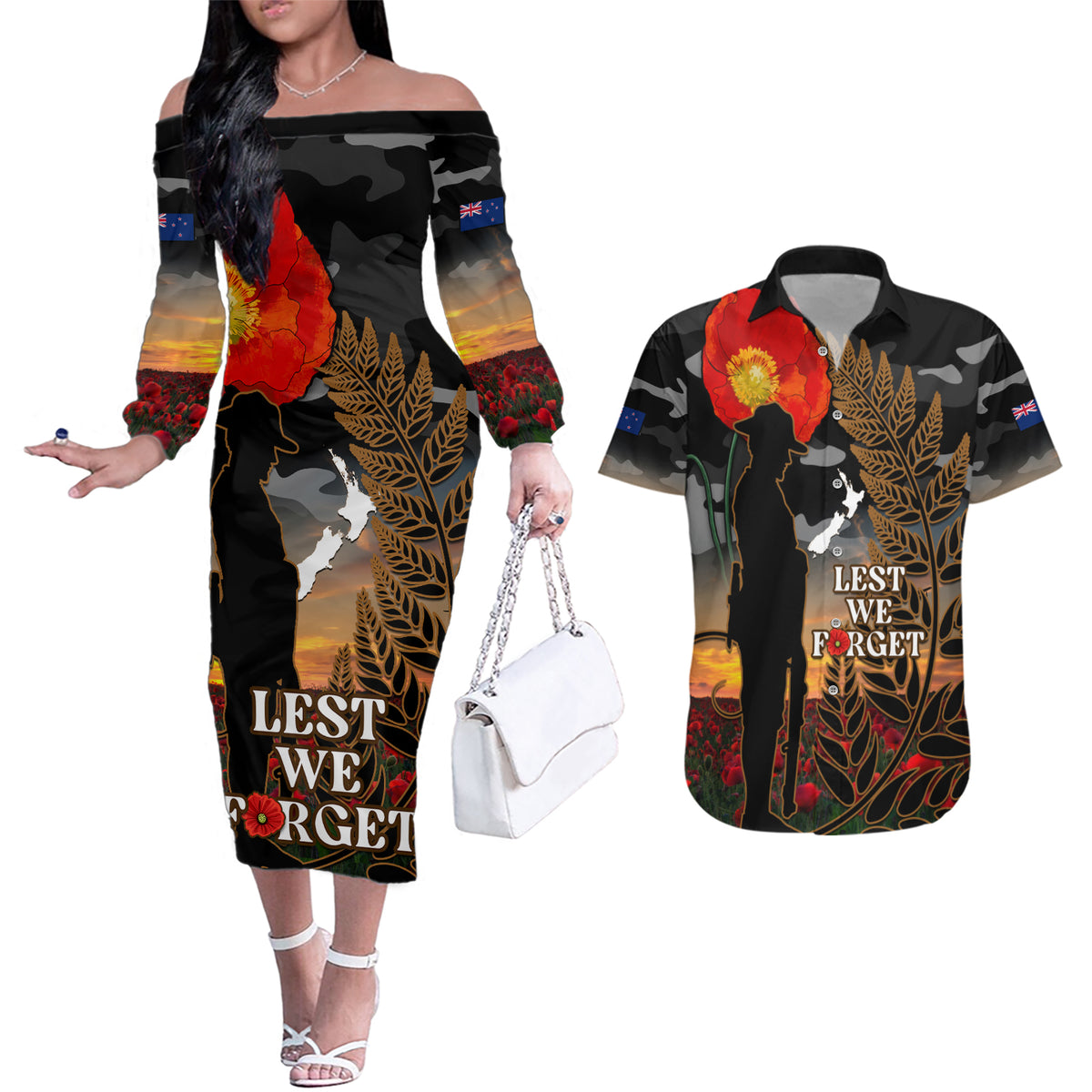 New Zealand ANZAC Day Couples Matching Off The Shoulder Long Sleeve Dress and Hawaiian Shirt Lest We Forget Silver Fern With Camouflage LT14 Black - Polynesian Pride
