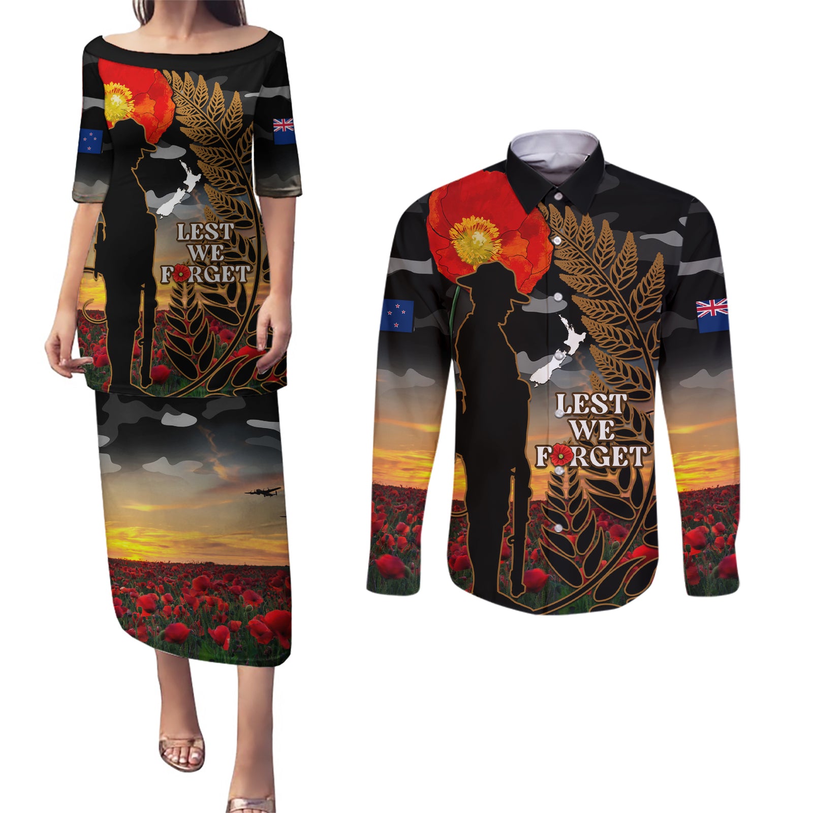 New Zealand ANZAC Day Couples Matching Puletasi Dress and Long Sleeve Button Shirt Lest We Forget Silver Fern With Camouflage LT14 Black - Polynesian Pride