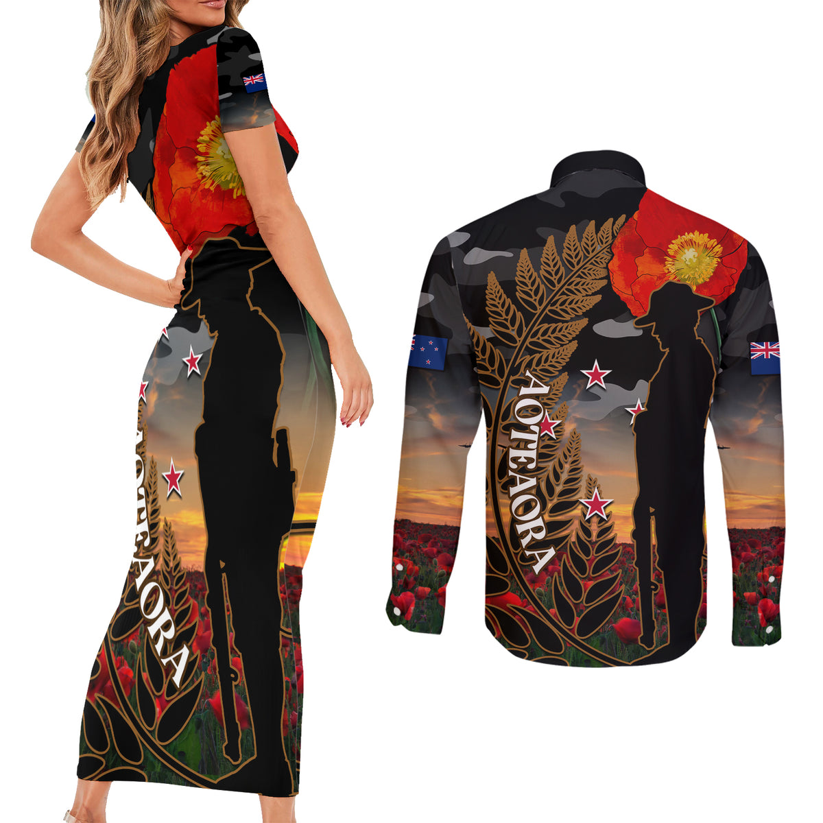New Zealand ANZAC Day Couples Matching Short Sleeve Bodycon Dress and Long Sleeve Button Shirt Lest We Forget Silver Fern With Camouflage LT14 - Polynesian Pride