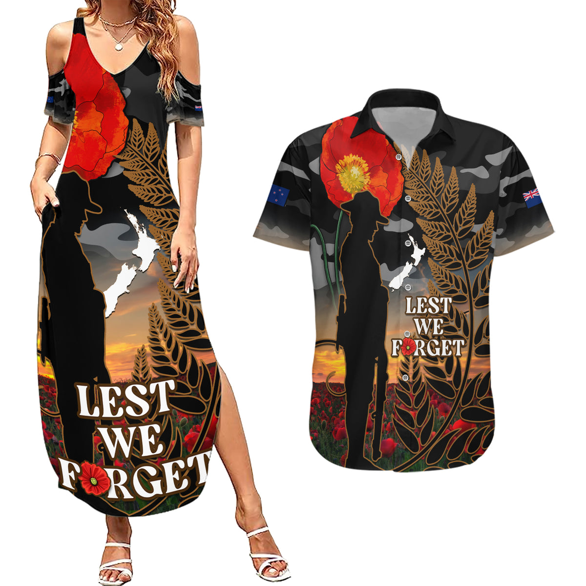 New Zealand ANZAC Day Couples Matching Summer Maxi Dress and Hawaiian Shirt Lest We Forget Silver Fern With Camouflage LT14 Black - Polynesian Pride