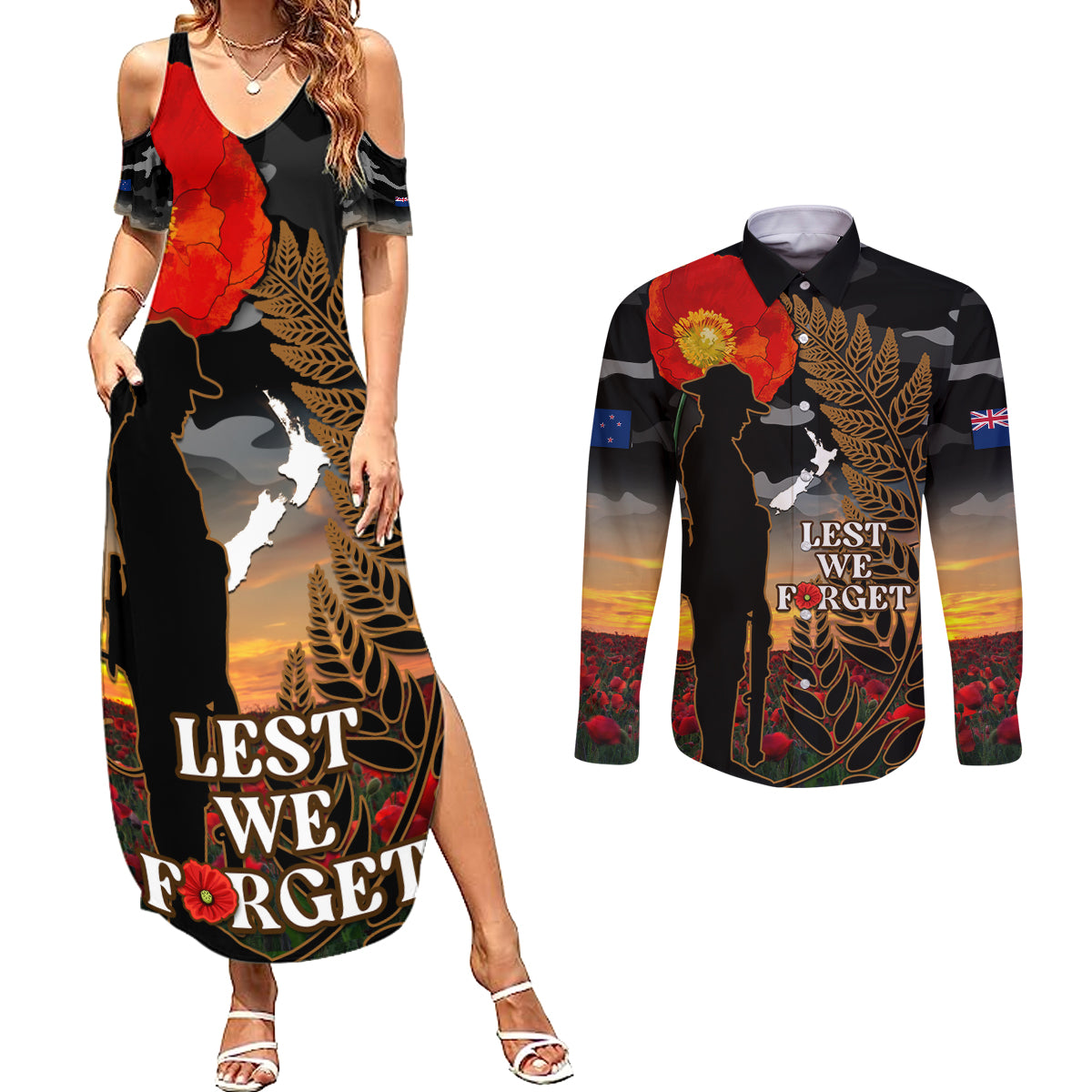 New Zealand ANZAC Day Couples Matching Summer Maxi Dress and Long Sleeve Button Shirt Lest We Forget Silver Fern With Camouflage LT14 Black - Polynesian Pride